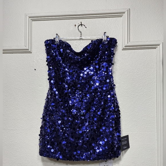 Lulus Glittery Persona Dark Blue Sequin Strapless Mini Dress XL Wedding Party - Picture 6 of 10